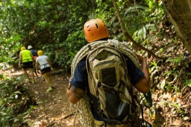 Hikers wearing helmets and backpacks walk through a dense forest trail.