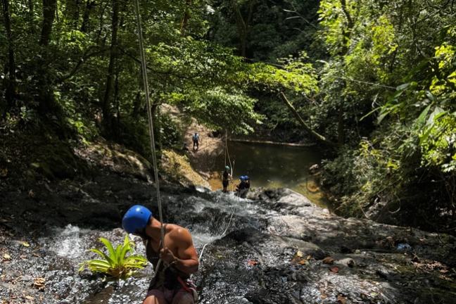 Person rappelling down a waterfall in a lush forest with a helmet and harness.